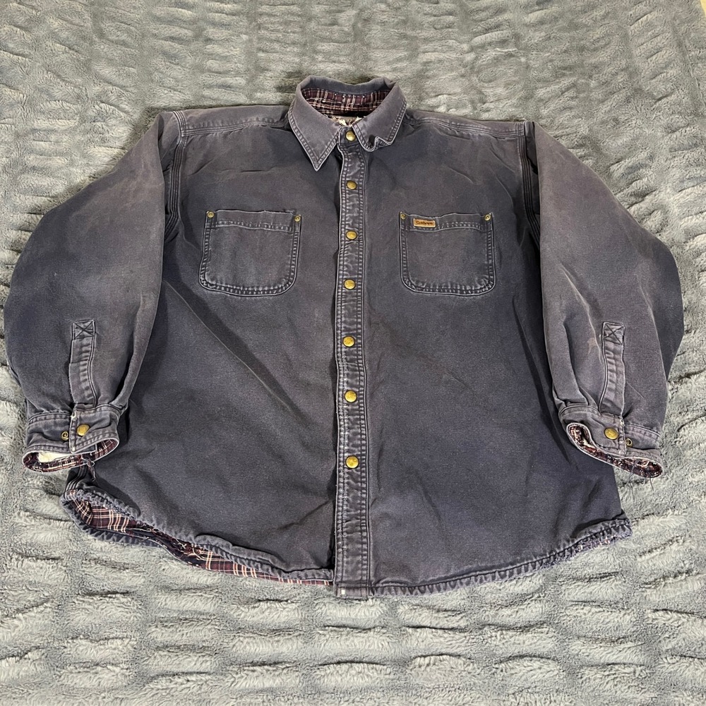 Carhartt Mens XL Faded Navy Canvas Flannel Lined Snap Front Work Shirt Jacket
